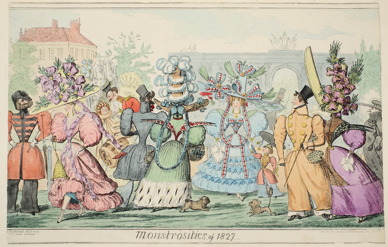Monstrositäten von 1827, veröffentlicht 1835 (handkolorierte Gravur) von Isaac Robert Cruikshank