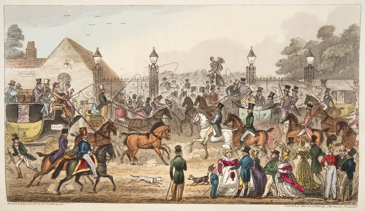 Die Ankunft, oder westlicher Eingang in Cockney Land, aus The English Spy, veröffentlicht 1824 von Isaac Robert Cruikshank