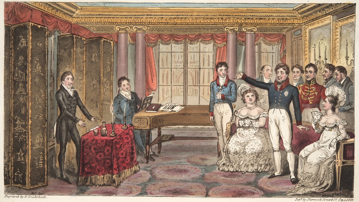 Der König zu Hause, oder Mathews im Carlton House, aus The English Spy, von Charles Westmacott, veröffentlicht 1824 von Isaac Robert Cruikshank