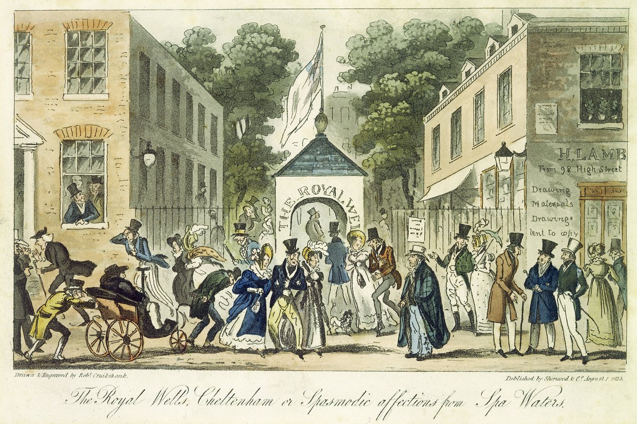 The Royal Wells, Cheltenham, oder Spasmodic Affections for Spa Water, 1825 von Isaac Robert Cruikshank