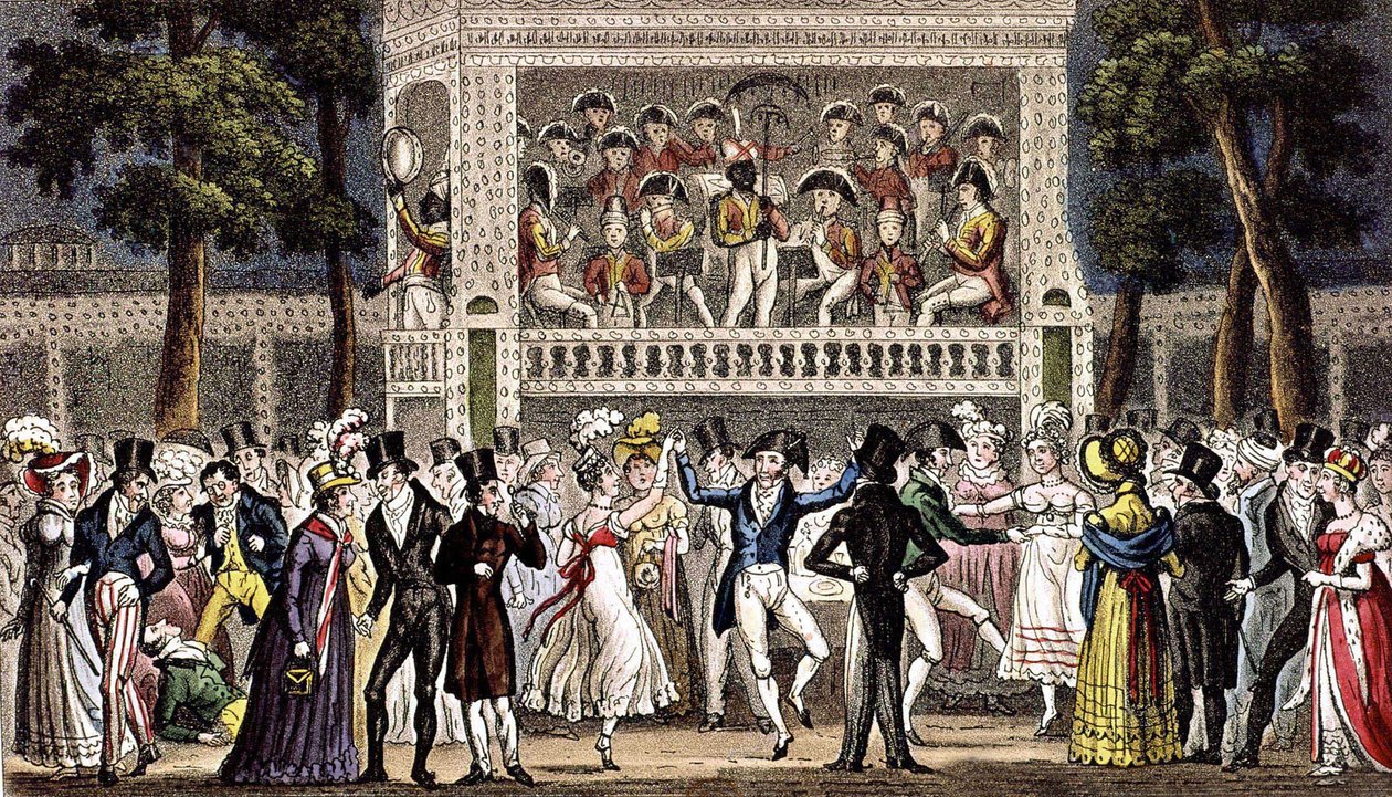Ein Ball im Vauxhall-Garten in London, ca. 1830, Gravur von Isaac Robert & George (1792 1878) Cruikshank