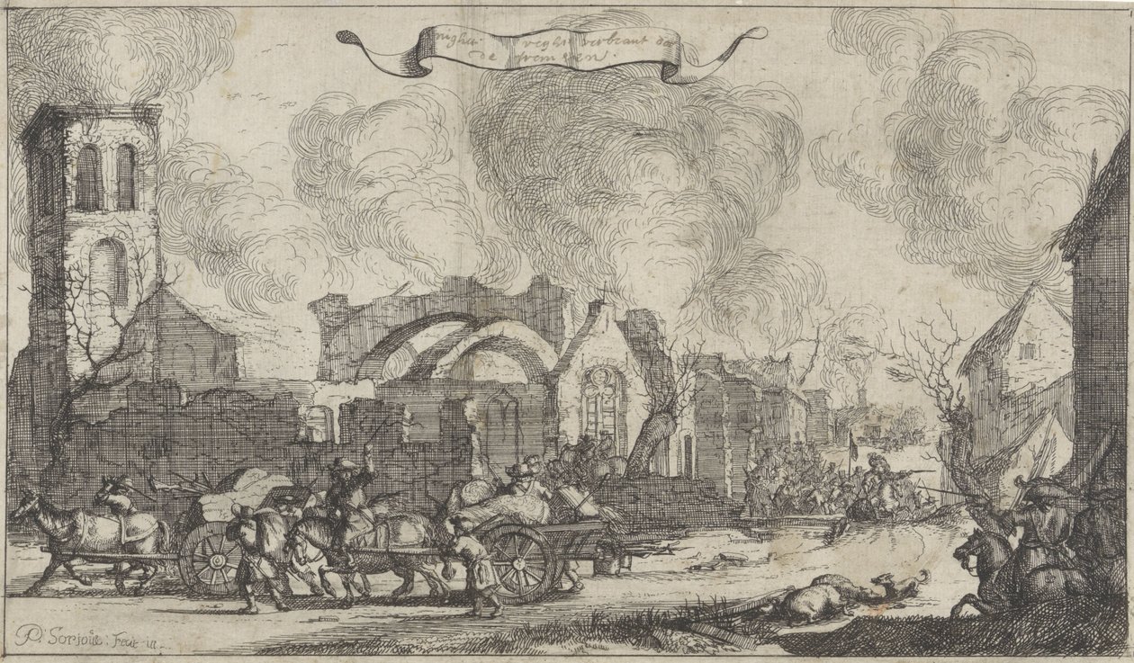 Französische Truppen plündern und schießen durch die Ruinen des Dorfes Nigtevecht, 1672 von Isaac Sorious