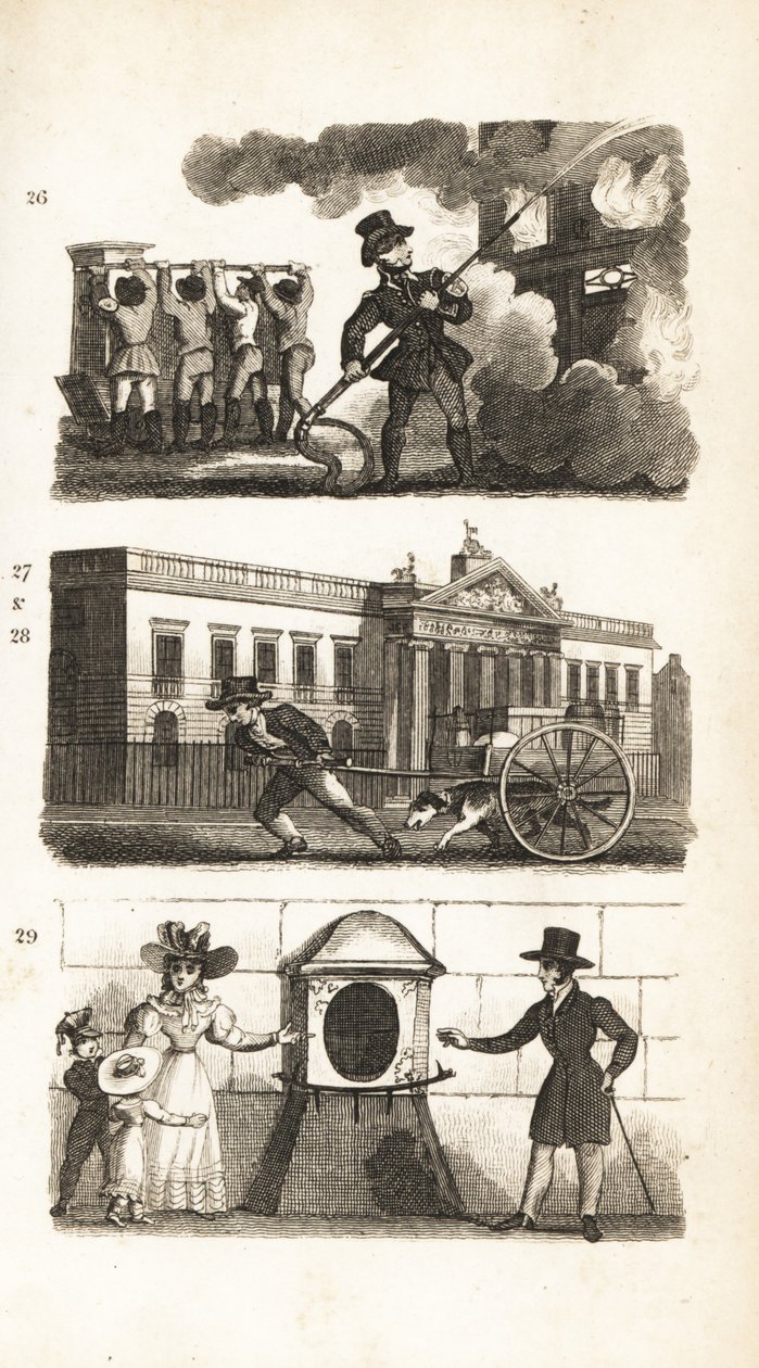 Die Feuerlöschmaschine, Waren auf einem Wagen ziehend, East India House und London Stone von Isaac Taylor