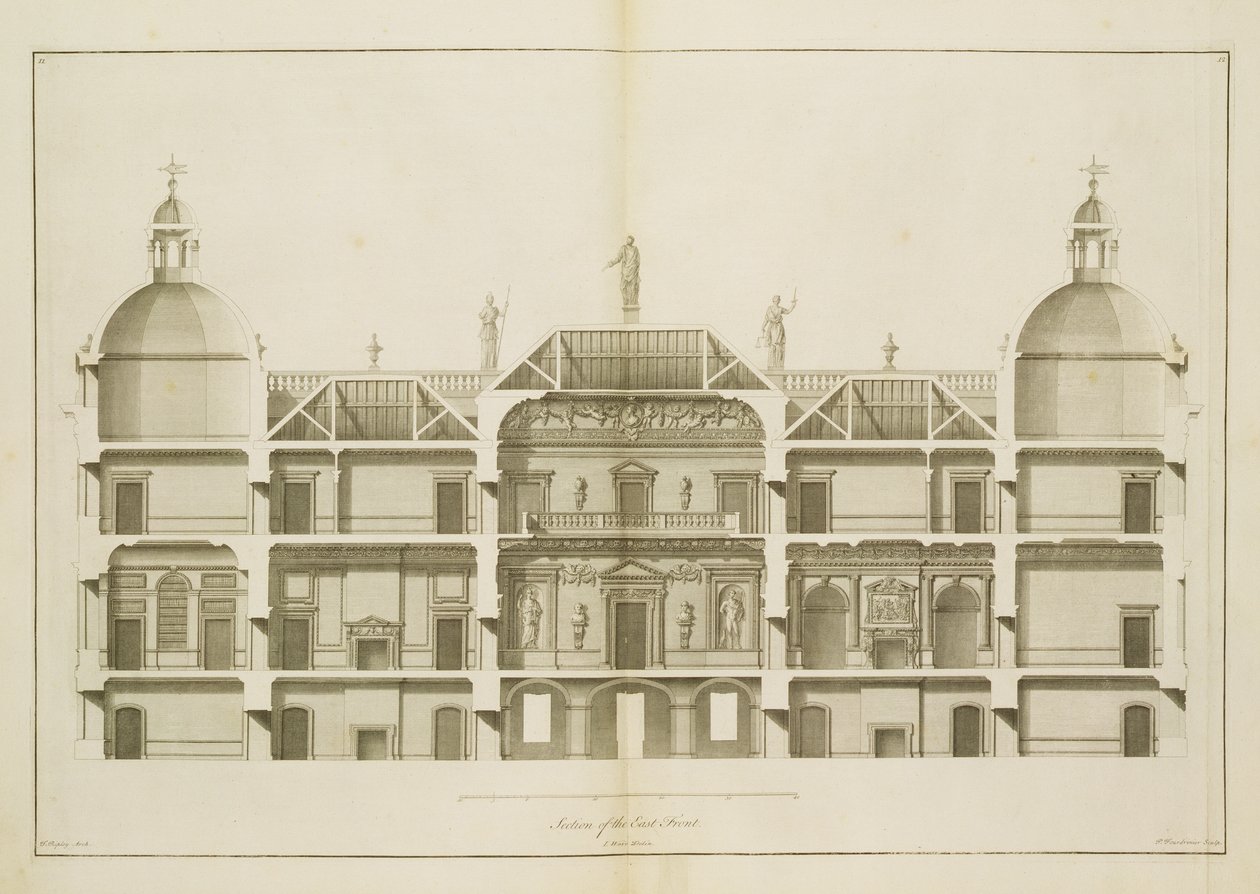 Houghton Hall: Abschnitt der Ostfront, graviert von Pierre Fourdrinier, 1735 von Isaac Ware