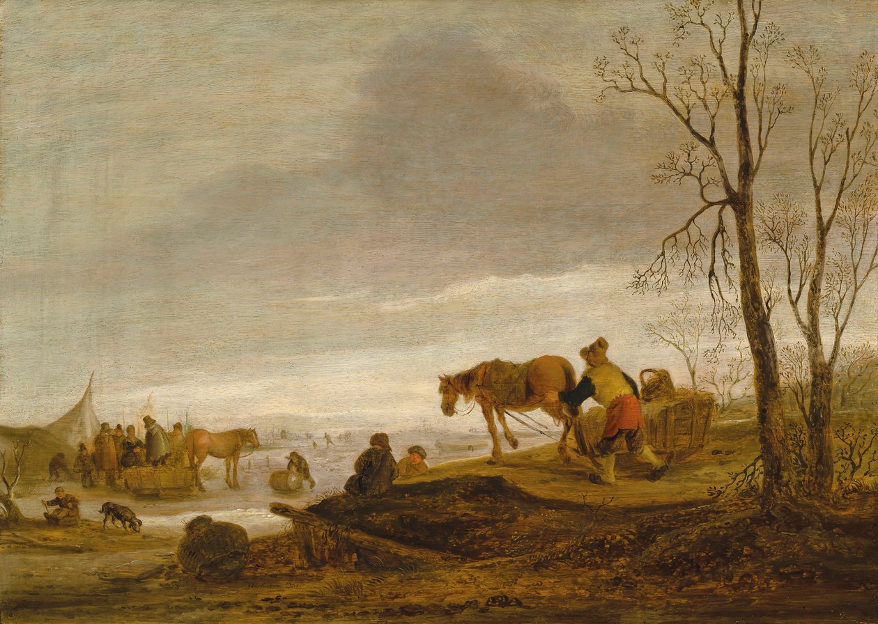 Winterlandschaft mit Figuren auf einem zugefrorenen Fluss von Isaac van Ostade
