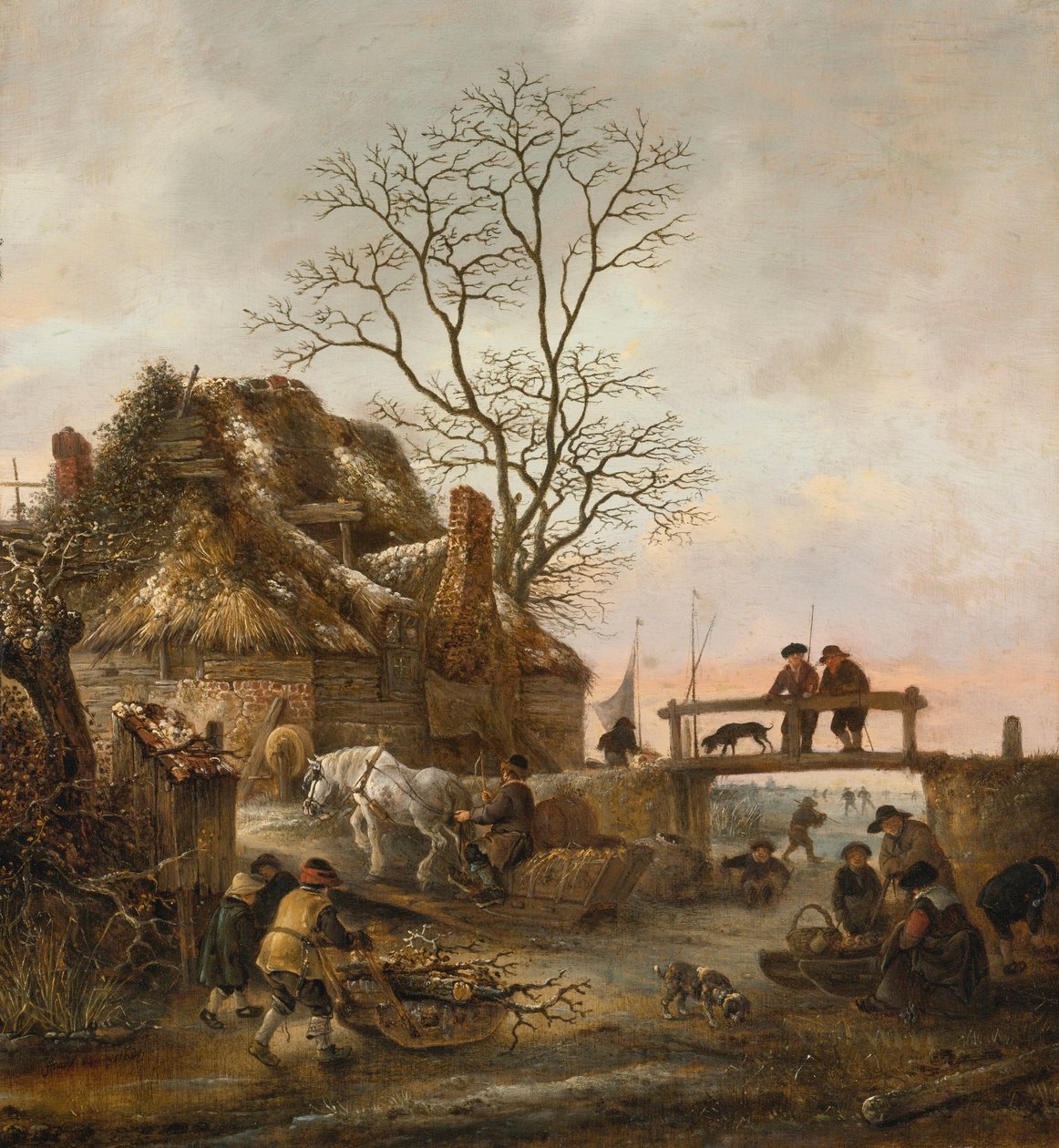 Winterlandschaft mit einem Cottage in der Nähe einer Brücke von Isaac van Ostade