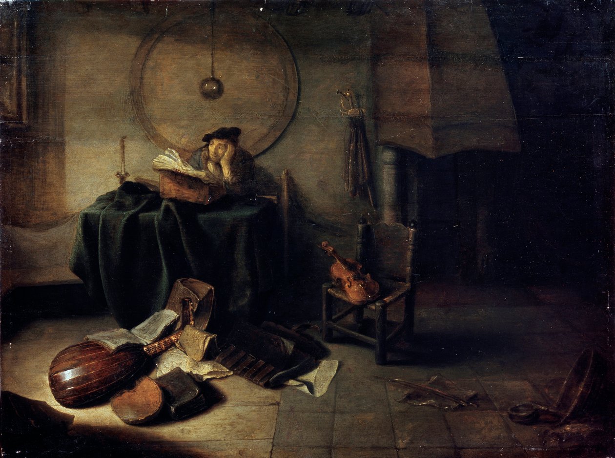 Melancholie II Wissenschaftler in seinem Studio, niederländisches Gemälde des 17. Jahrhunderts von Isaak de Jouderville