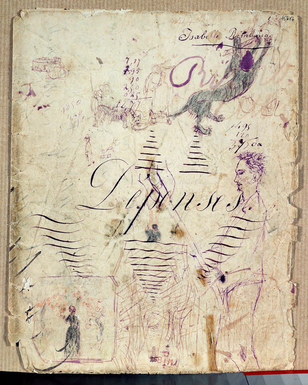 Arthur Rimbaud hilft bei der Ernte. Zeichnung von Isabelle Rimbaud in violetter Tinte auf einem Entwurfsblatt eines Ausgabenbuchs von Isabelle Rimbaud