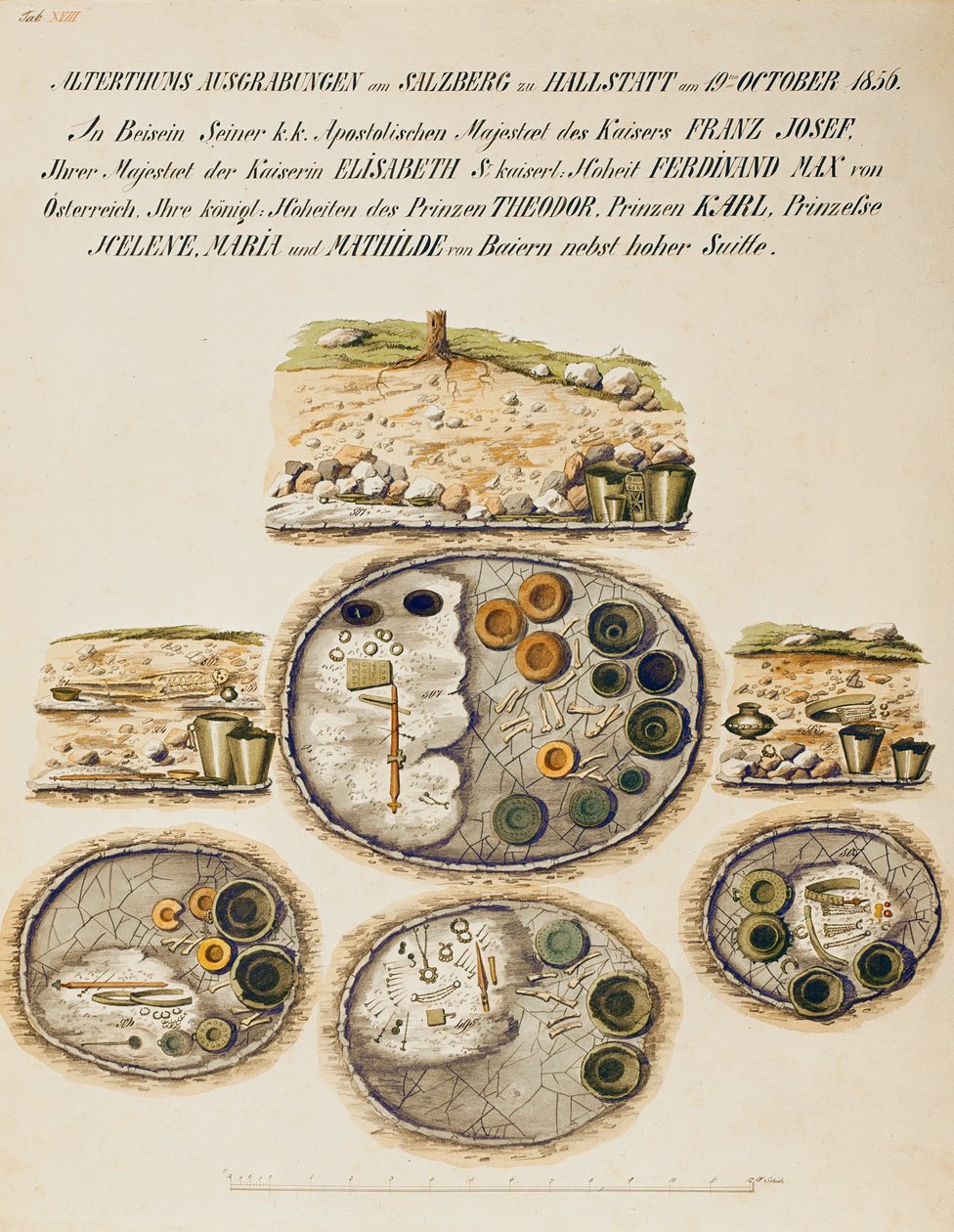 Hallstatt-Gräberfeld, eine Sammlung von Aquarellen aus dem 19. Jahrhundert von Isidor Engel