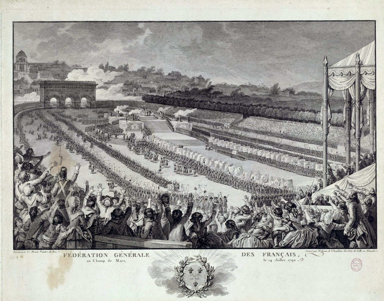 Französische Revolution: Ansicht des Festes der Generalföderation der französischen Departements auf dem Champs de Mars in Paris am 14.07.1791. Illustration von Isidore Helman von Isidore Stanislas Helman
