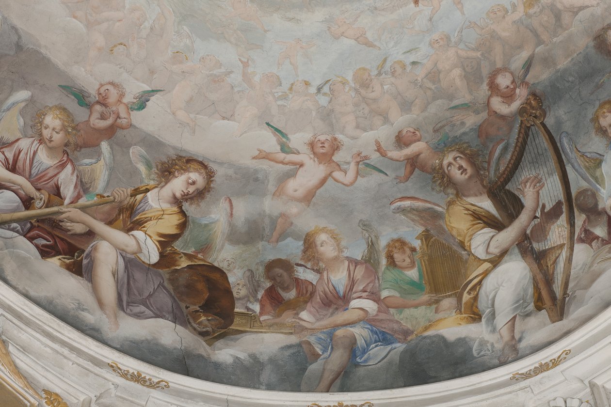 Engel, musizierende Engel und Putten, Detail des Paradieses mit ewigem Vater (Detail) von Isidoro Bianchi