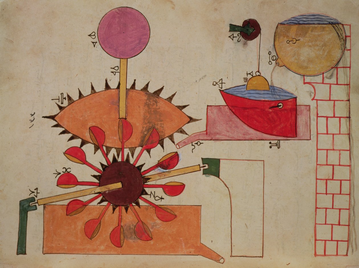 Diagramm eines Systems zum Pumpen von Wasser in ein Becken, aus dem Buch des Wissens über geniale mechanische Geräte von Al-Djazari, 1206 von Islamic School