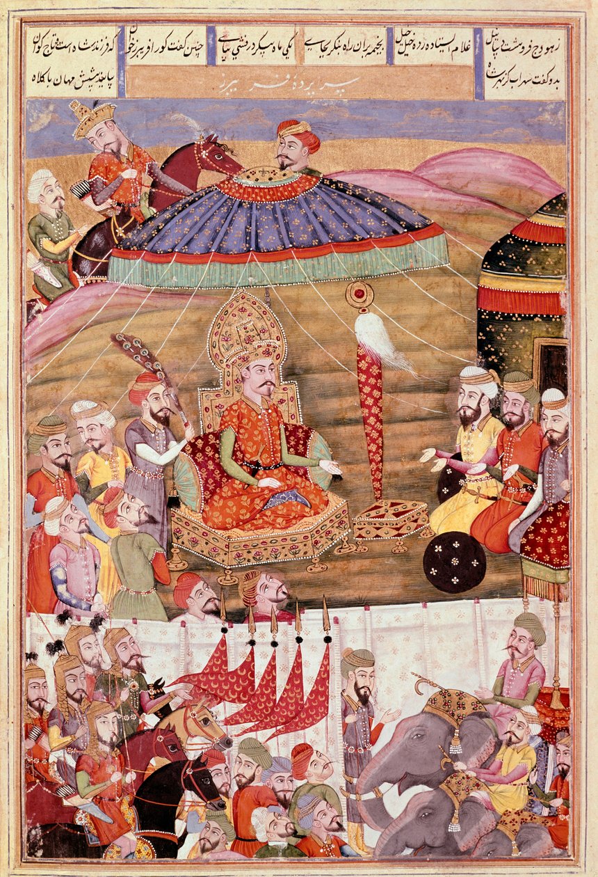 Islamische Kunst: „Sohrab schaut erneut auf das Zelt von Roustam“. Persische Miniatur aus einem Manuskript des Epos „Shahnameh“ (Buch der Könige) von Ferdowsi (ca. 940-1020). von Islamic School