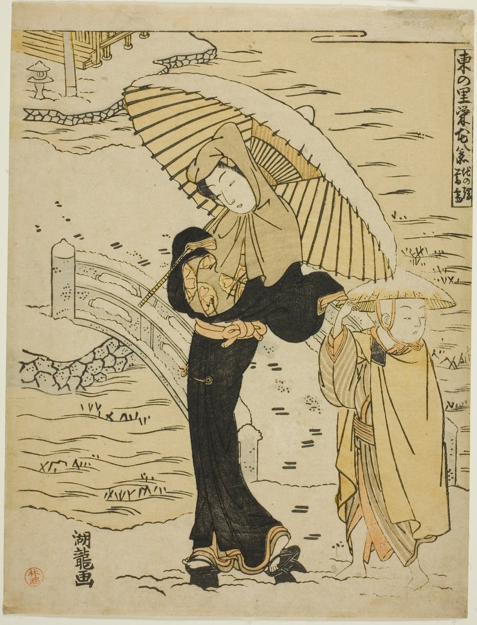 Abendschnee in Ikenohata (Ikenohata bosetsu), aus der Serie "Acht Ansichten des Wohlstands im östlichen Dorf (Azuma no sato eiga hakkei)" von Isoda Koryusai
