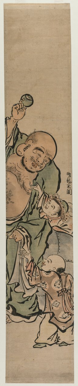 Zwei Kinder bitten Hotei um ein Juwel, ca. 1770er von Isoda Koryusai