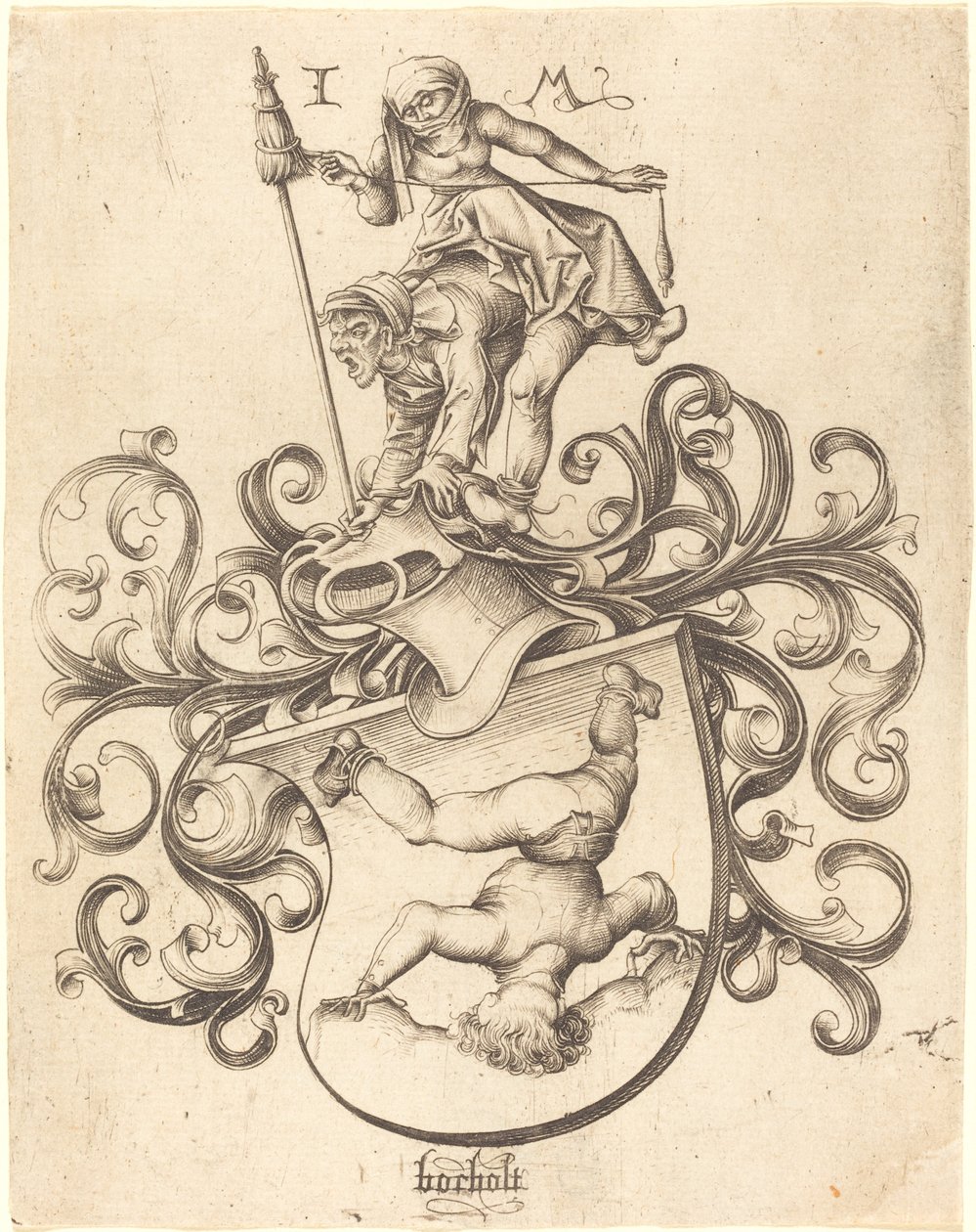 Wappen mit fallendem Jungen, ca. 1480-1490 von Israhel van Meckenem