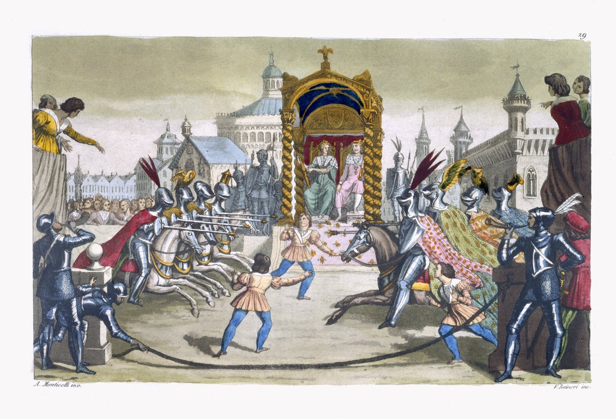 Ritter, die vor einem König und einer Königin turnieren (Farbstich) von Italian School