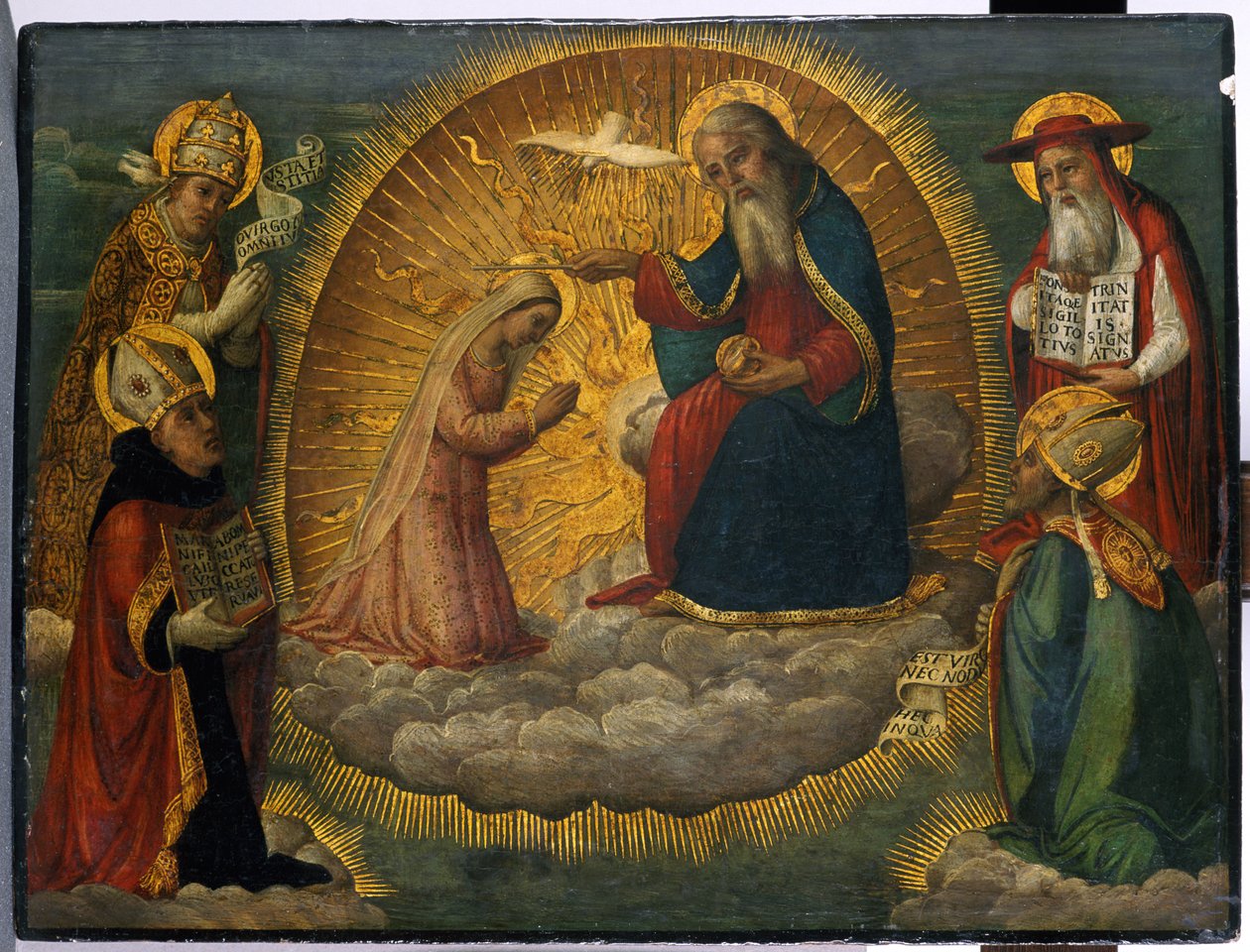 Maria vor Gott dem Vater, beobachtet von den vier Kirchenvätern von Italian School