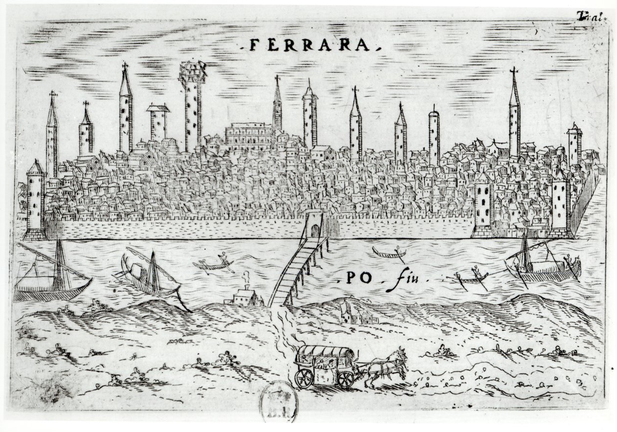 Panoramablick auf Ferrara vom gegenüberliegenden Ufer des Po von Italian School