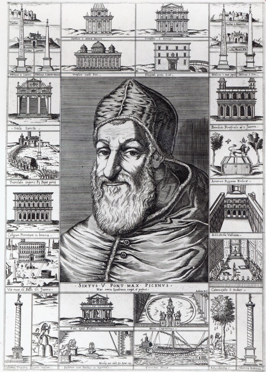 Papst Sixtus V., umgeben von den Kirchen, Gebäuden und Denkmälern, die während seines Pontifikats gebaut oder restauriert wurden, graviert von Ambrosius, 1589 von Italian School