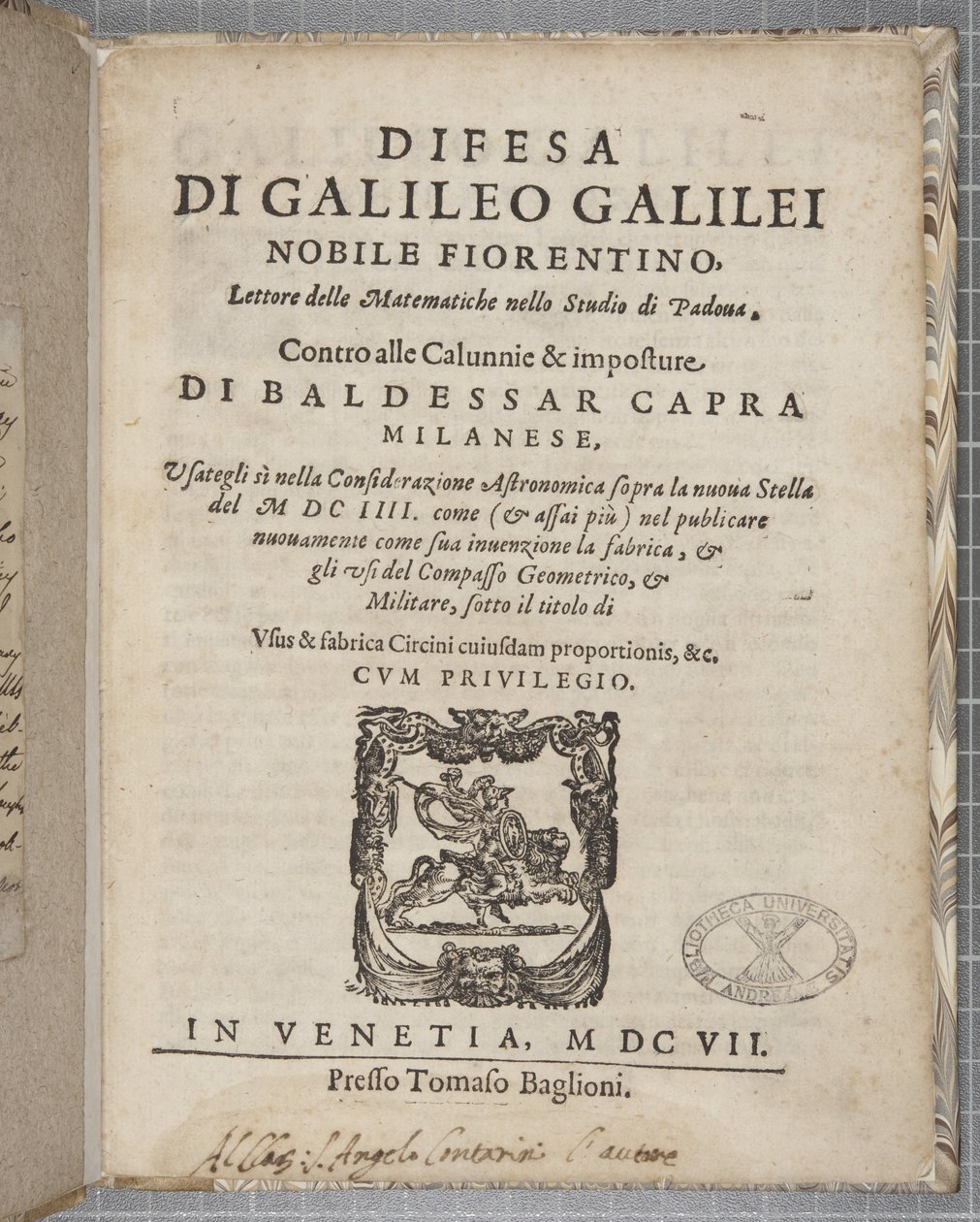 Titelseite von Difesa, von Galileo, 1607 von Italian School