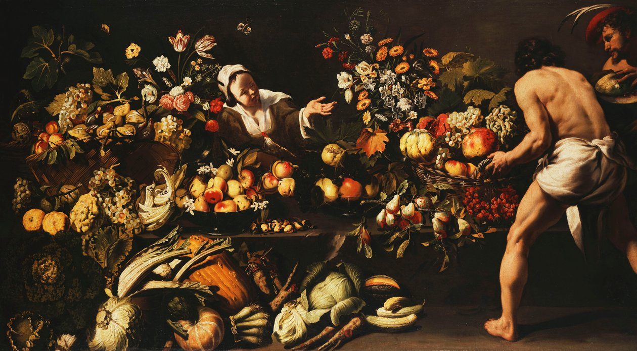 Eine Speisekammer mit Gemüse, Blumen und Obst von Italian School