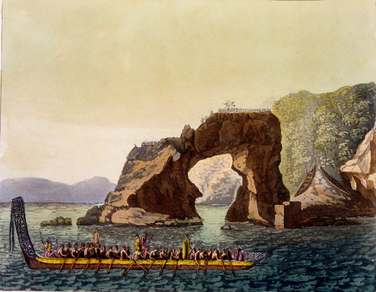 Ein befestigter Aussichtspunkt der Maori in Neuseeland, kombiniert mit einem Maori-Kriegskanu, 1820er-30er Jahre von Italian School