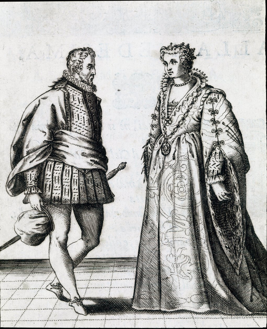 Ein Paar des italienischen Adels. Gravur aus „Il ballarino“ über den Tanz des Tanzmeisters Fabritio Caroso, 1581. Civico Museo Biblioteca Musicale, Bologna von Italian School