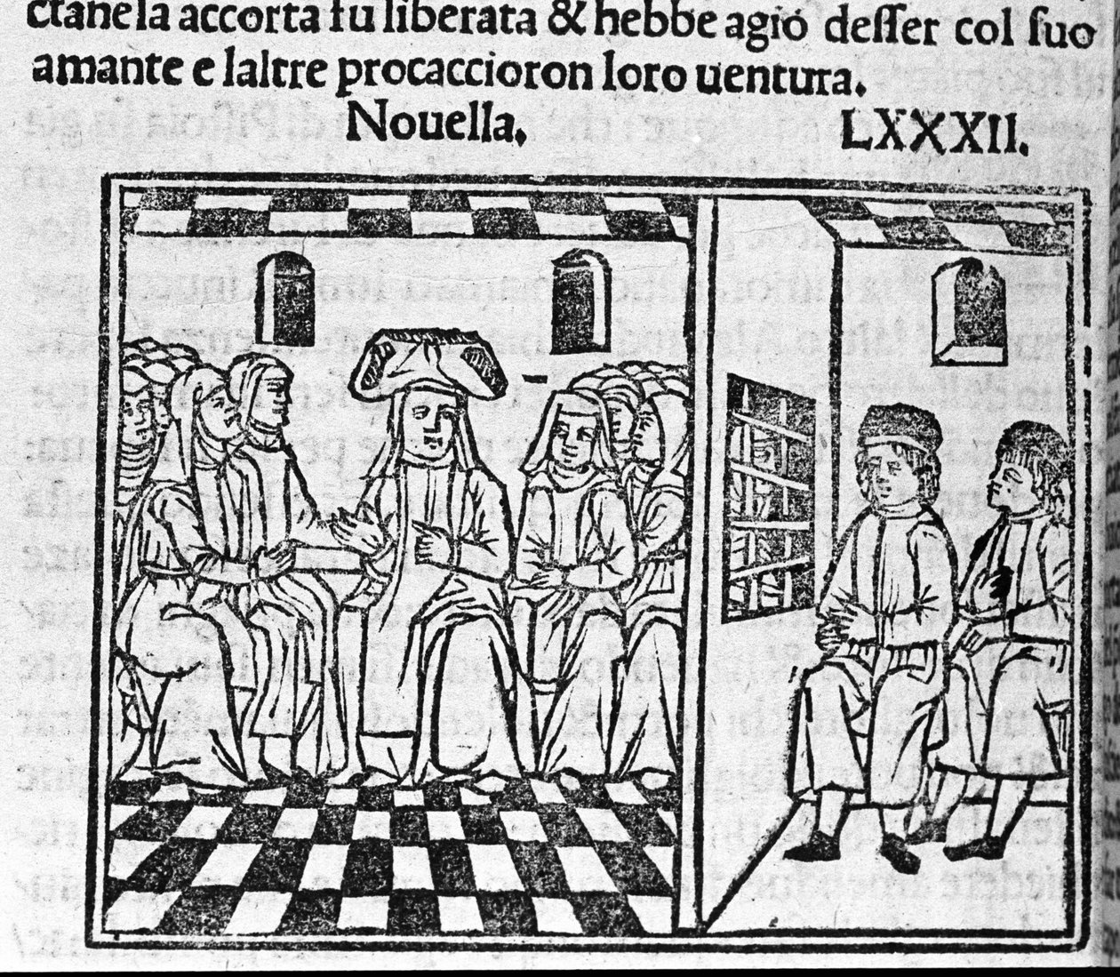Eine Geschichte über die Liebe einer Nonne. Illustration zur Novelle 82 (Novelle 2 des neunten Tages) des „Decameron“ von Giovanni Boccaccio (1313-1375), italienischer Schriftsteller. Gravur in „Decamerone ouer Cento nouelle“ Venedig, Bartolomeo de 