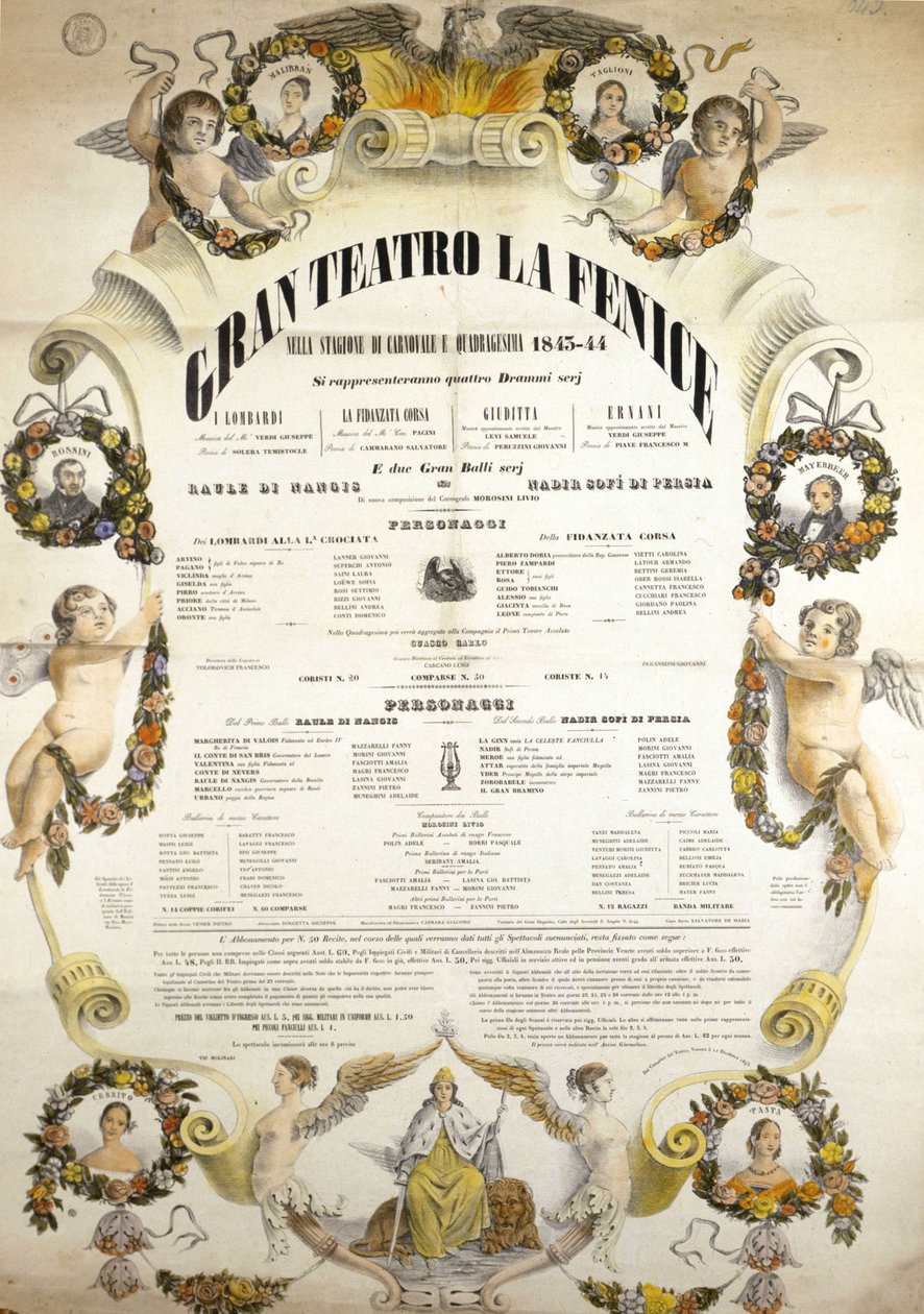Plakat des Theaters La Fenice in Venedig für die Saison 1843 - 1844. von Italian School