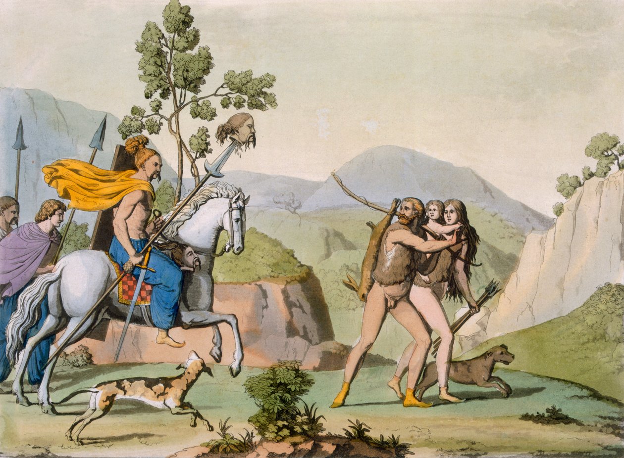Alte keltische Krieger auf einem Streifzug treffen ein Paar auf der Jagd von Italian School