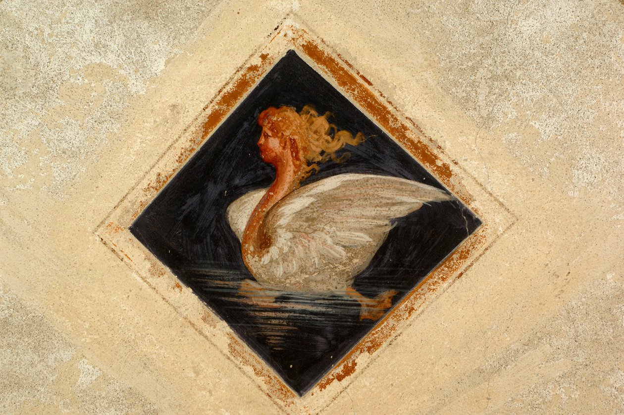 Anthropomorpher Schwan, Fresko, Ternengo Gromo Palast (16. Jahrhundert), mittelalterliches Viertel in Piazzo, Biella, Piemont, Italien von Italian School