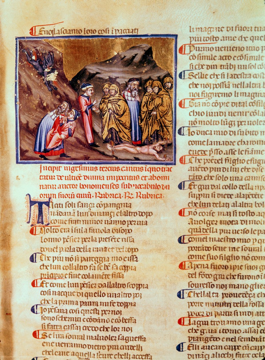 Canto XXIII Dante und Virgil im Kreis der Heuchler, mit Kaiphas am Boden gekreuzigt, aus der Göttlichen Komödie (Inferno), ca. 1313 von Italian School