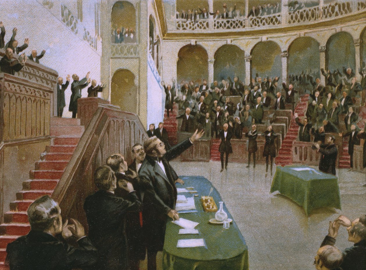 Cavour lässt das erste italienische Nationalparlament König Viktor Emanuel II. am 18. Februar 1861 applaudieren, Illustration aus einem Album zur Geschichte des Risorgimento für die Schokolade Talmone, späte 19. Jahrhundert von Italian School
