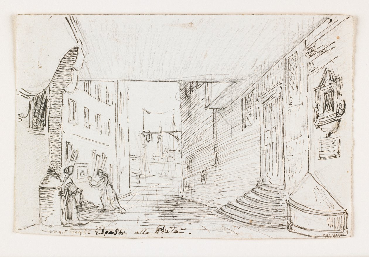 Stadtstraße in Genua, mit dem Leuchtturm und Hafen im Hintergrund, frühes 19. Jahrhundert von Italian School