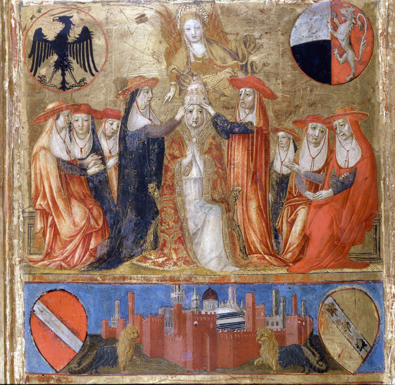 Krönung von Pius II. (Enea Silvio Piccolomini) (1405-1464). Italienischer Papst (1458-1464). Unten ist die befestigte Stadt Siena. Bicherna (Umschlag des Rechnungsregisters der Stadt Siena) von 1460. Nationalarchiv - Museo delle Tavolette de B von Italian School