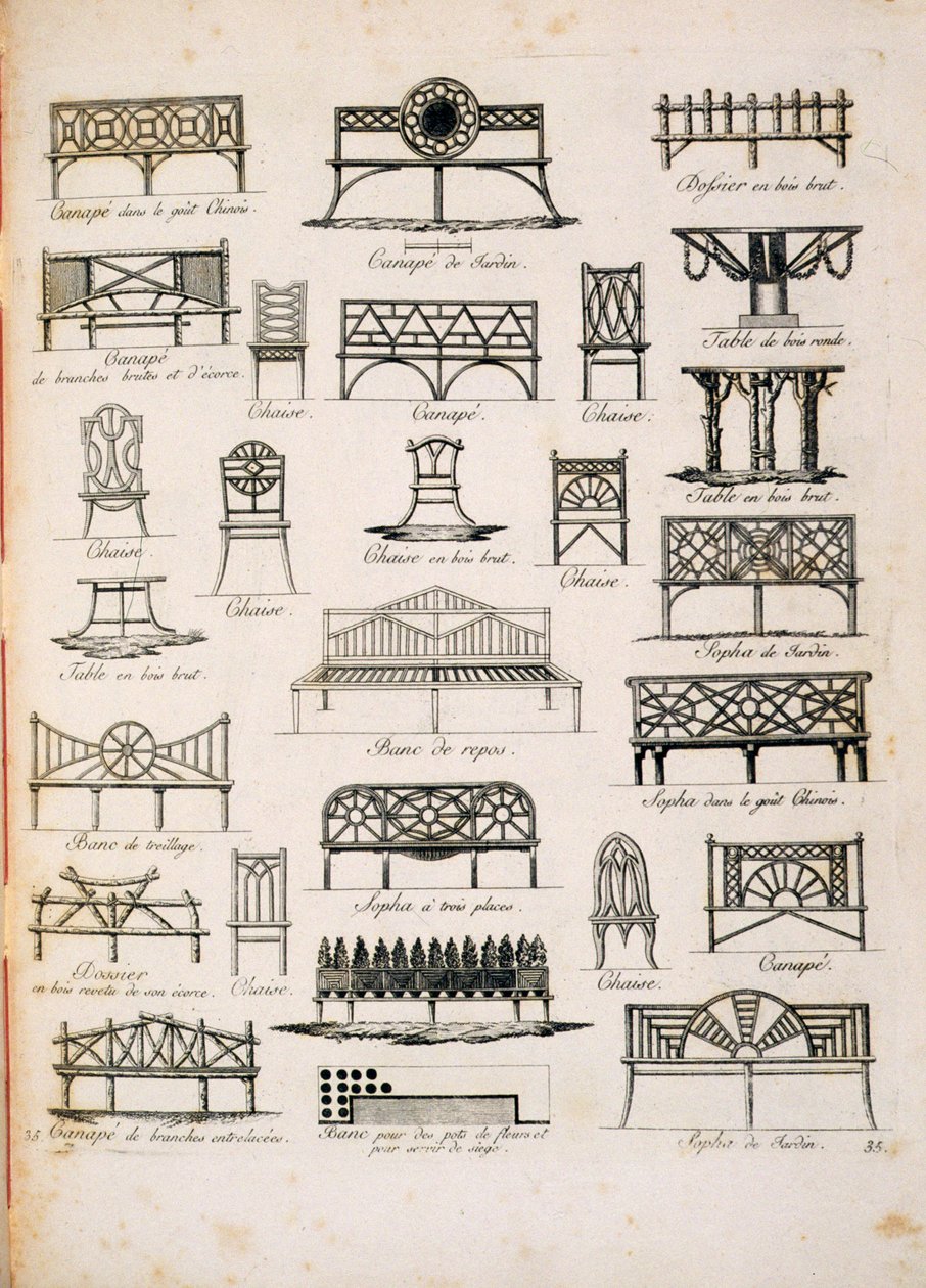 Entwürfe für Gartensitze, aus Ein Kompendium von Zeichnungen, von J.G. Grohmann, veröffentlicht 1805 von Italian School