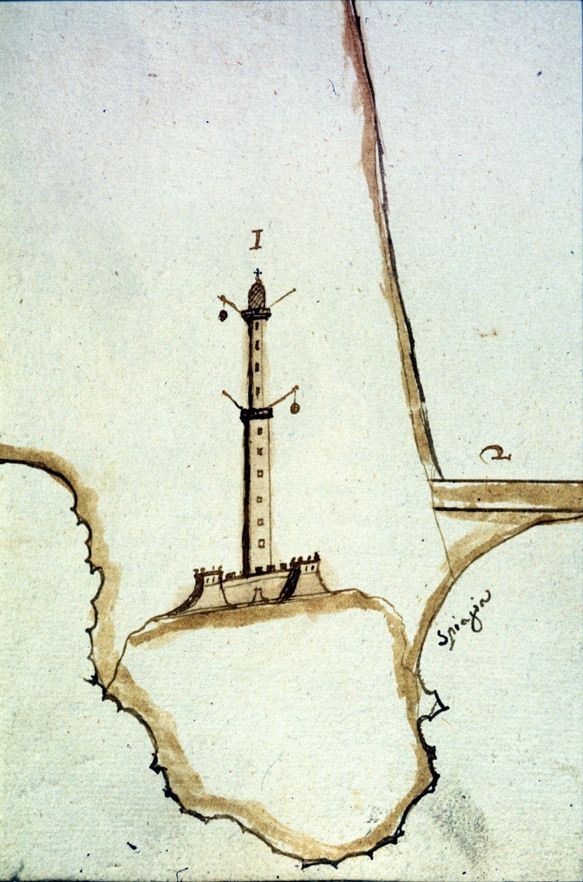 Detail einer handschriftlichen topografischen Karte des 17. Jahrhunderts, die die Position der Laterne von Genua zeigt von Italian School