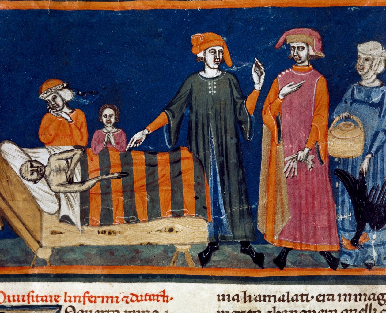 Docks am Krankenbett Miniatur der Florentiner Schule aus einer erweiterten Ausgabe des „Pater noster“ von Ser Zucchero Bencivenni (MS.II.VI 16) Anfang des 14. Jahrhunderts Florenz, Nationalbibliothek von Italian School