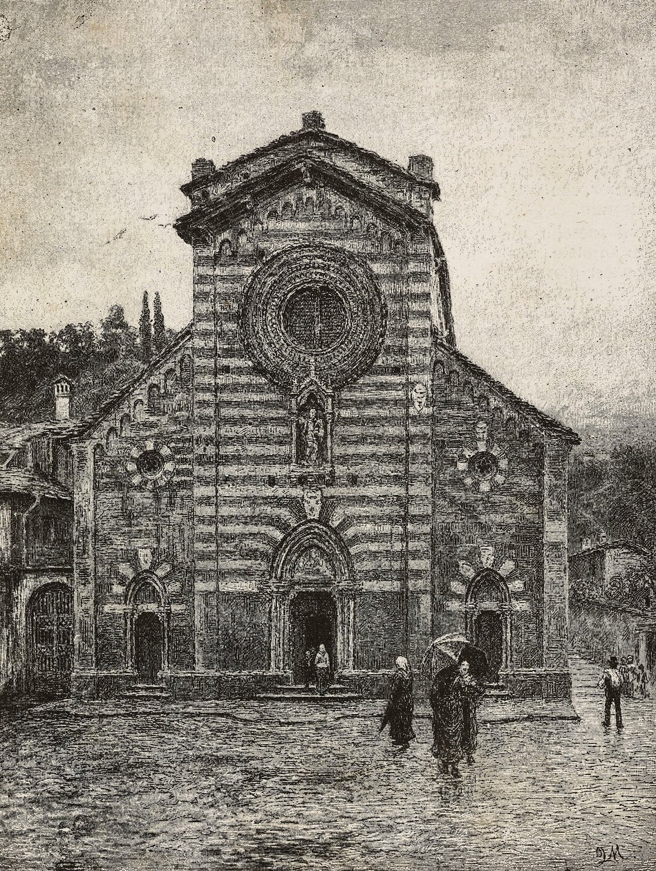 Fassade der Kathedrale von Bellano, Comer See, Italien, Gravur nach einer Zeichnung von Quinto Michetti, aus L