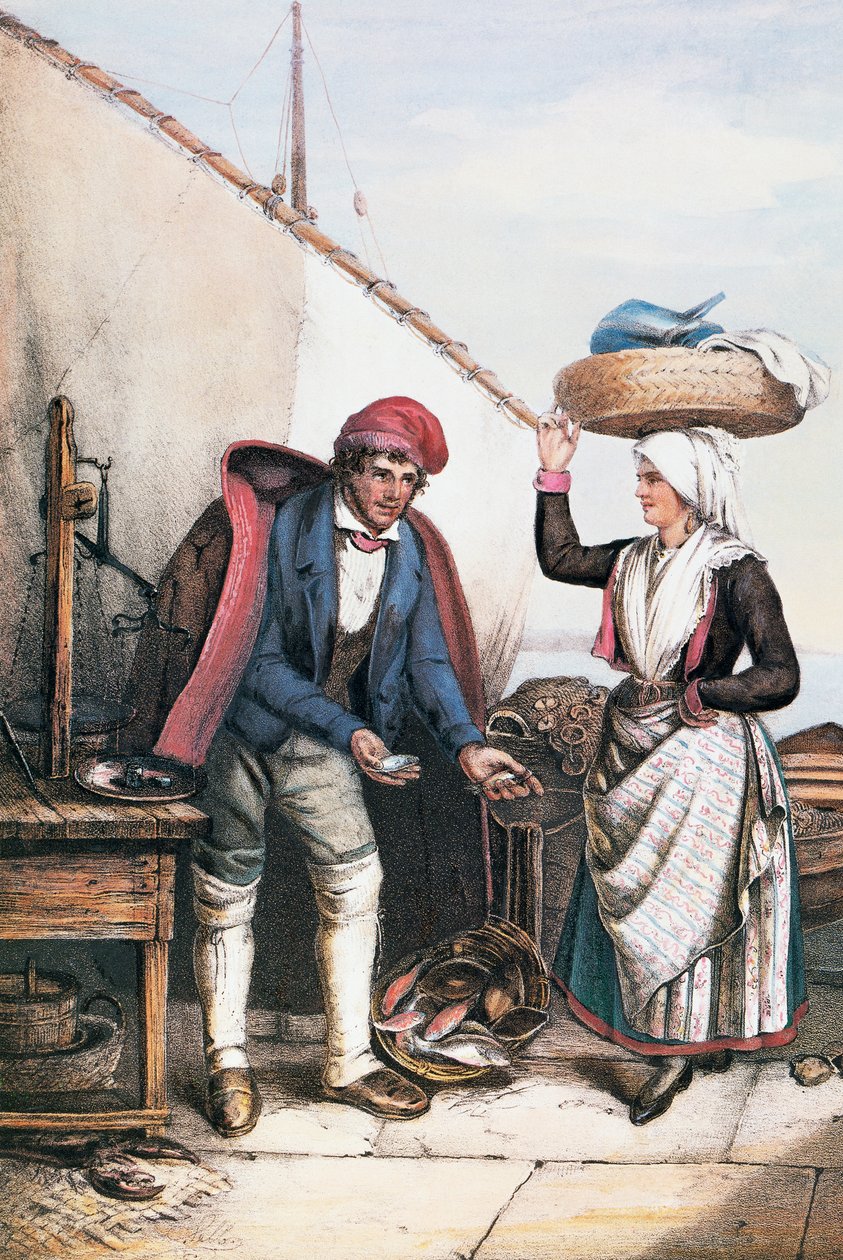 Fischhändler und Bauer, Illustration aus Kostüme von Istrien, Italien von Italian School