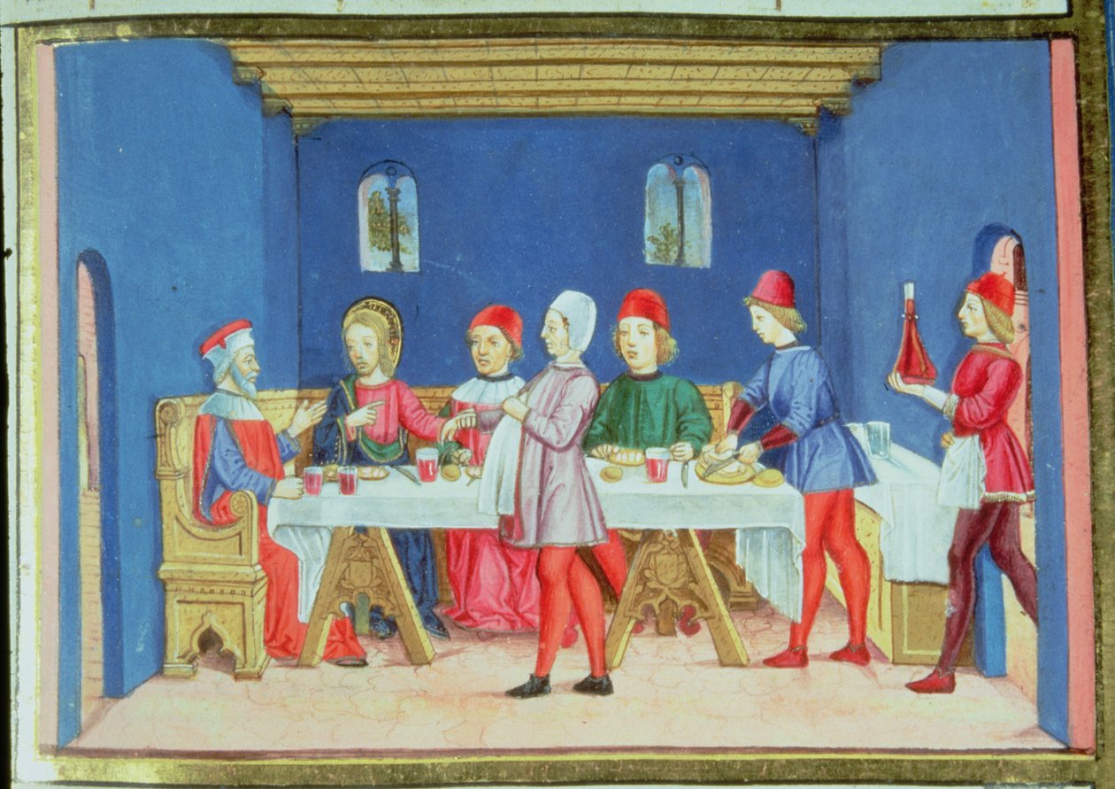 Fol.75v Jesus fragt während des Essens im Haus des Pharisäers, ob es erlaubt ist, am Sabbat zu heilen von Italian School