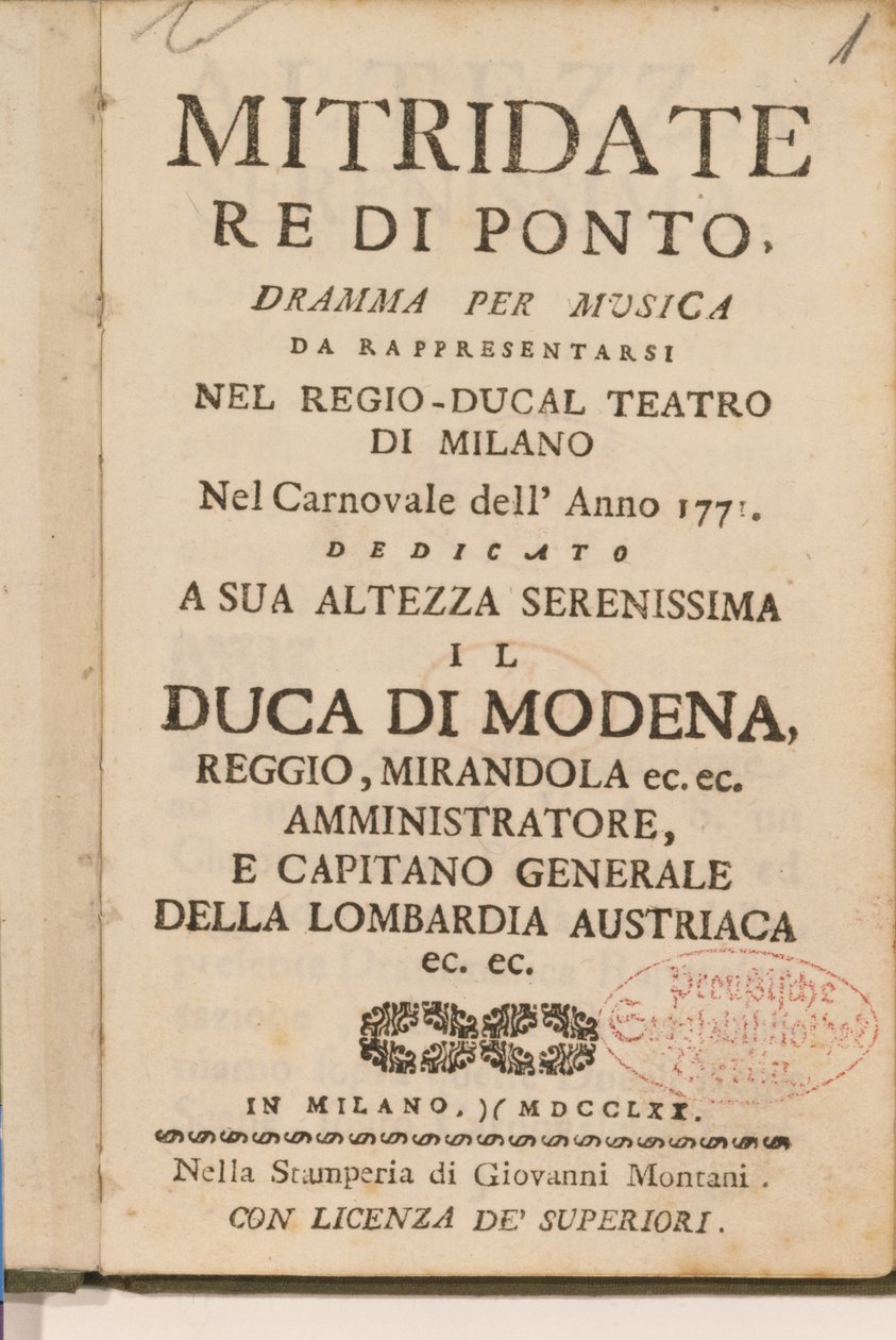Frontispiz aus einer frühen Kopie von Mitridate, re di Ponte, einer Oper von Wolfgang Amadeus Mozart, 1770 von Italian School