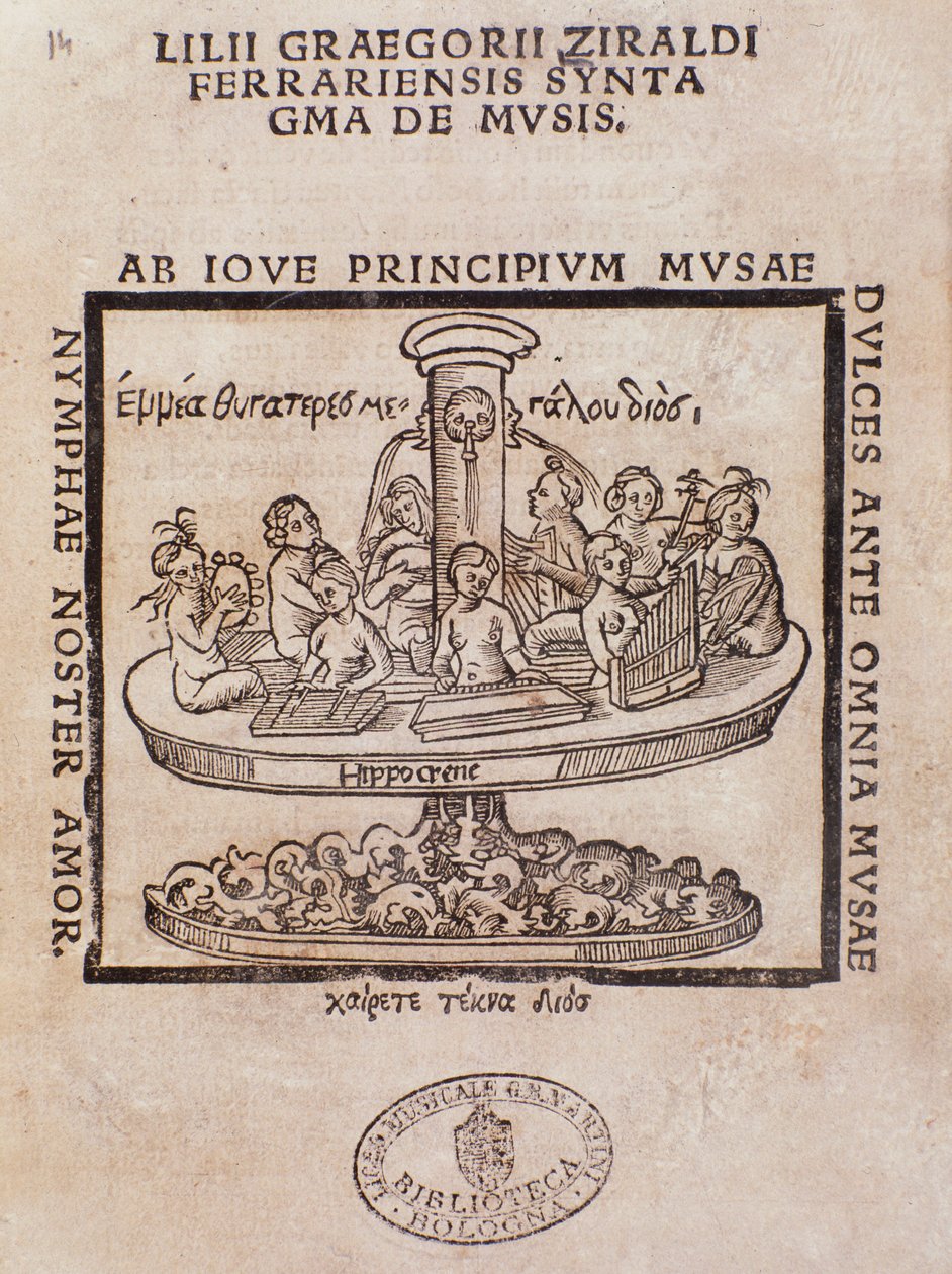 Frontispiz von Lilii Graegorii Ziraldi Ferrariensis Syntagma De Mvsis von Giglio Gregorio Giraldi von Italian School