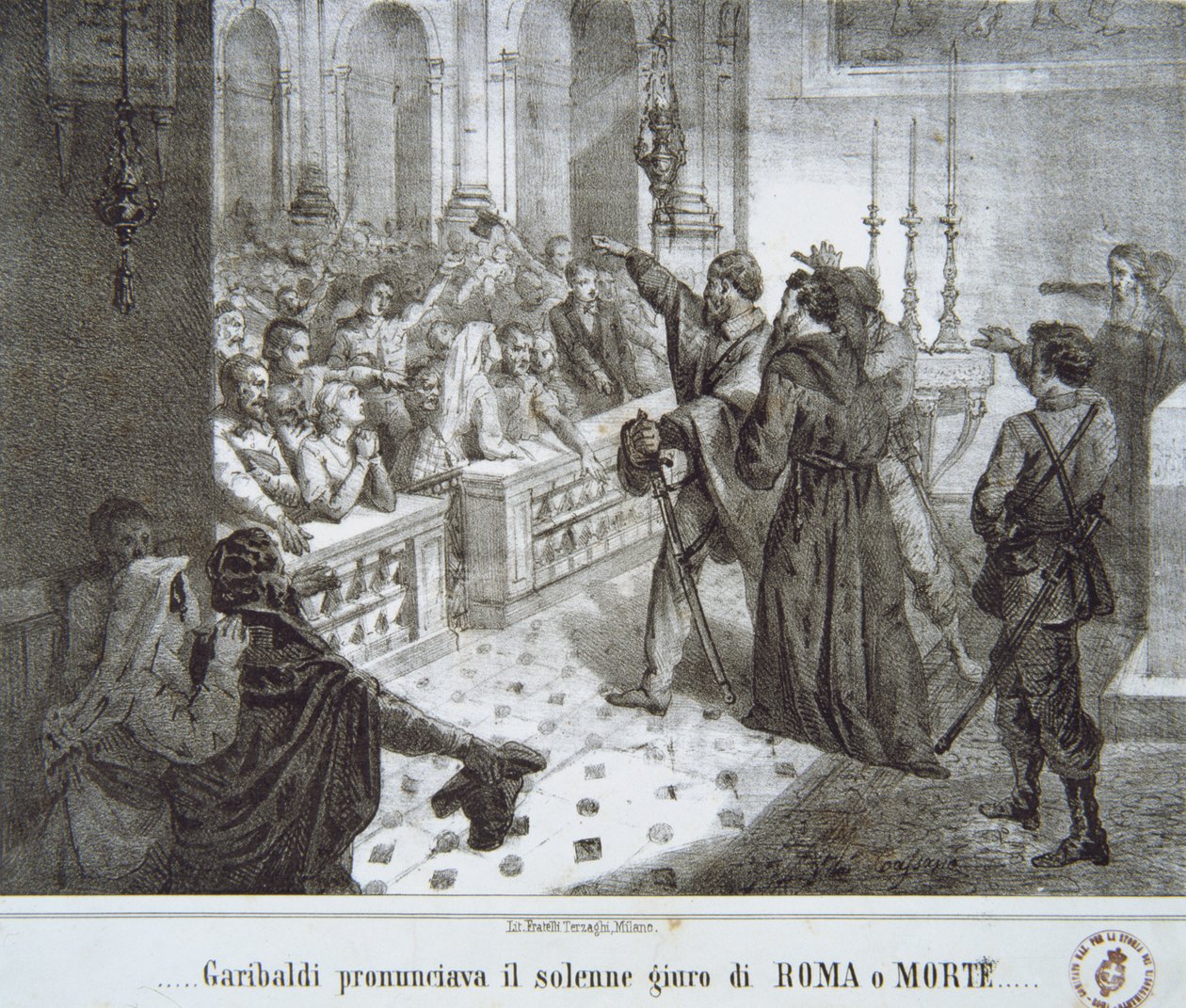 Garibaldi spricht den berühmten Satz, Rom oder Tod von Italian School