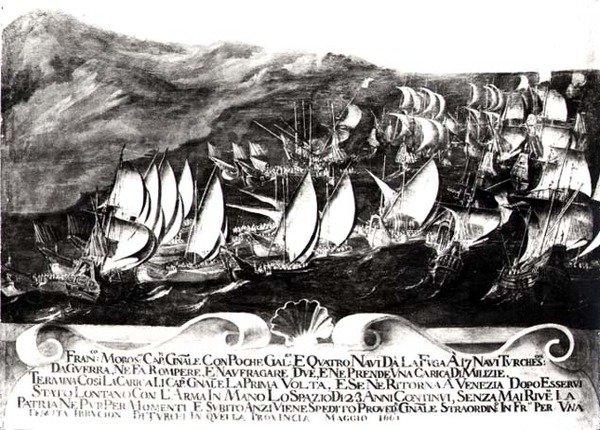 General Francisco Morosini (1618-94) und die venezianische Flotte in einer Begegnung mit der türkischen Flotte vor der Küste Kretas, Mai 1661 von Italian School
