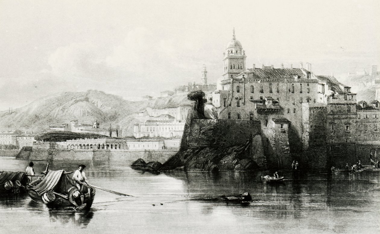 Genua Marina Mauer mit Villa Doria Pamphili im Hintergrund, Gravur, ca. 1850, Italien von Italian School