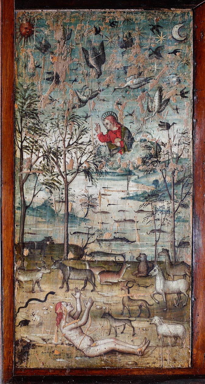 Gott erschafft Adam, Tiere, Land, Himmel und Wasser. Holzgemälde, das ein Schrankpaneel der alten Sakristei von Bramante schmückt. Basilika Santa Maria delle Grazie, Mailand, Italien von Italian School