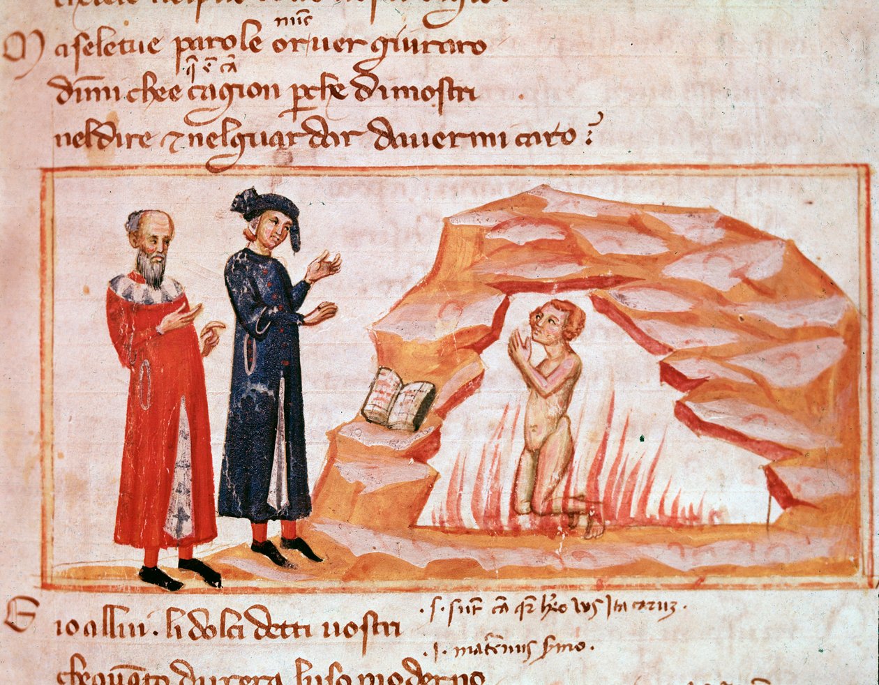 Guido Guinizzelli und die Seelen der Wollüstigen (Gesang 23 aus dem Fegefeuer, in der Göttlichen Komödie) - Miniatur von Italian School
