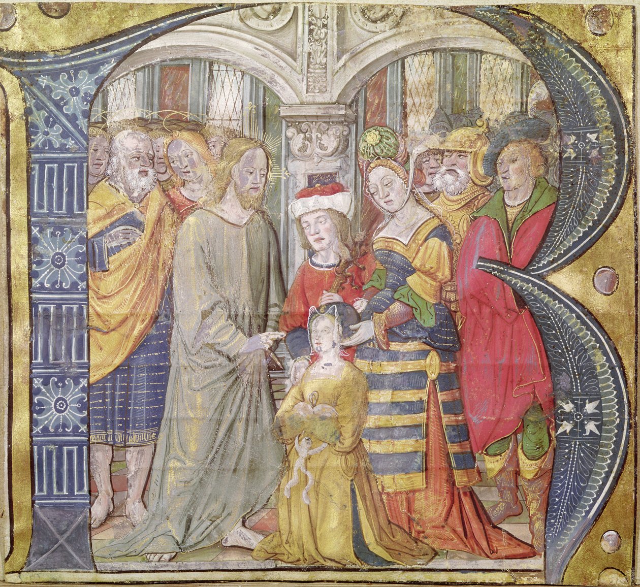 Historisierte Initiale B, die Christus zeigt, wie er eine besessene Frau heilt von Italian School